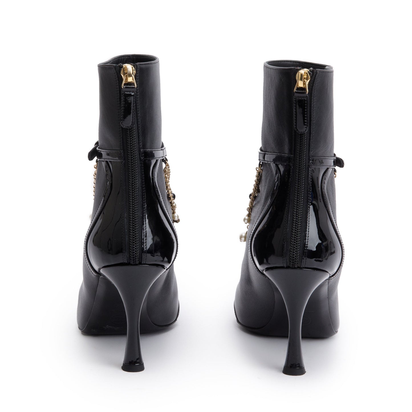 Chanel Black Leather Faux Pearl Bead Charms Interlocking CC Logo Chain Lace Up Ankle Boots, Size 40