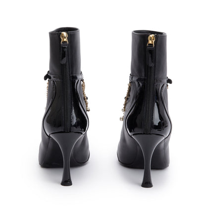 Chanel Black Leather Faux Pearl Bead Charms Interlocking CC Logo Chain Lace Up Ankle Boots, Size 40