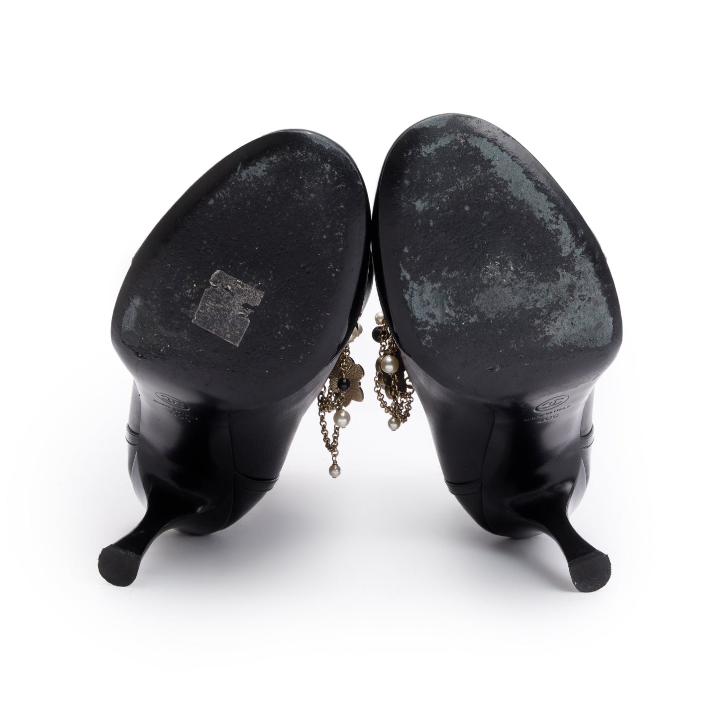 Chanel Black Leather Faux Pearl Bead Charms Interlocking CC Logo Chain Lace Up Ankle Boots, Size 40