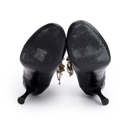 Chanel Black Leather Faux Pearl Bead Charms Interlocking CC Logo Chain Lace Up Ankle Boots, Size 40