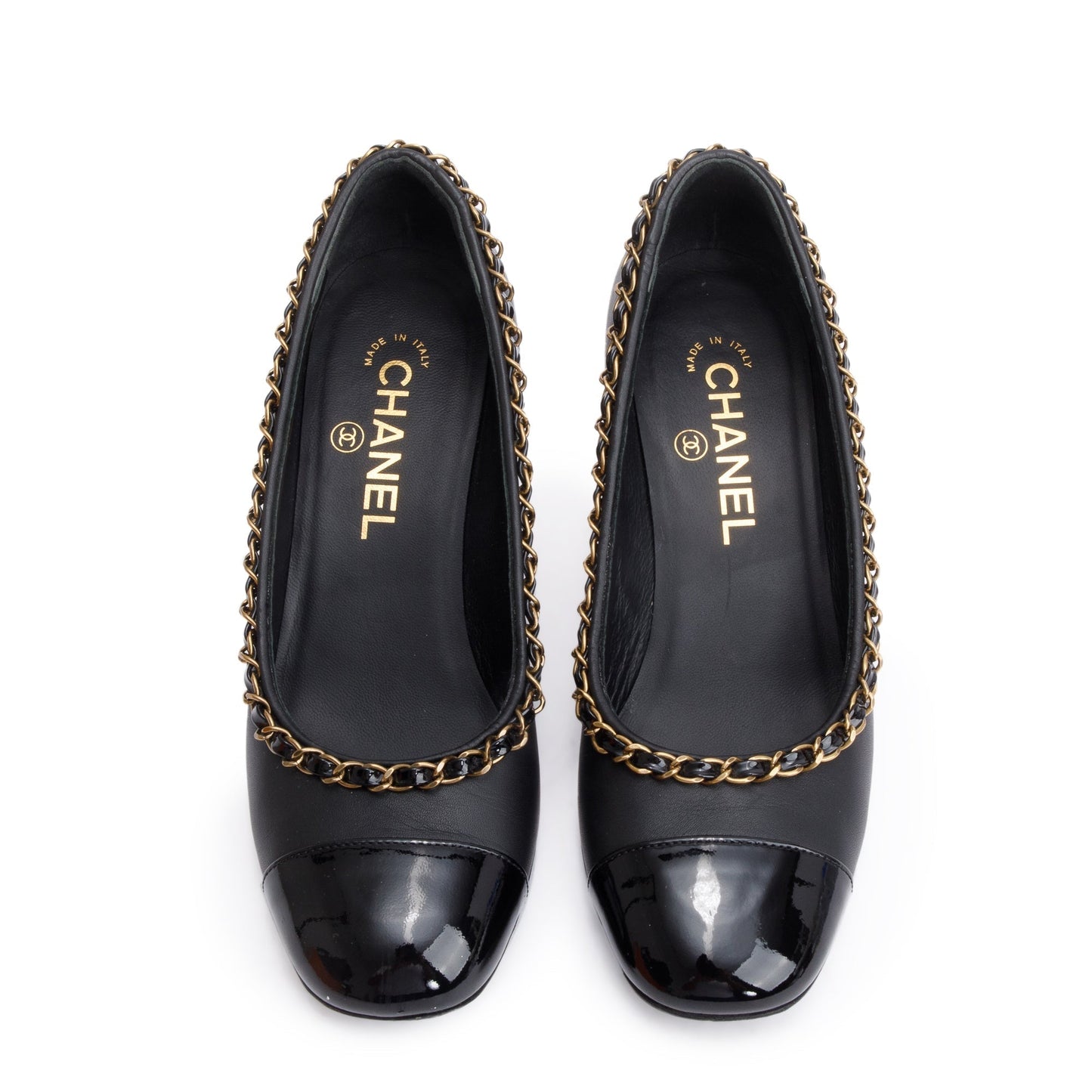 Chanel Black Leather Interlocking CC Logo Chain Around Pumps, Size 36.5