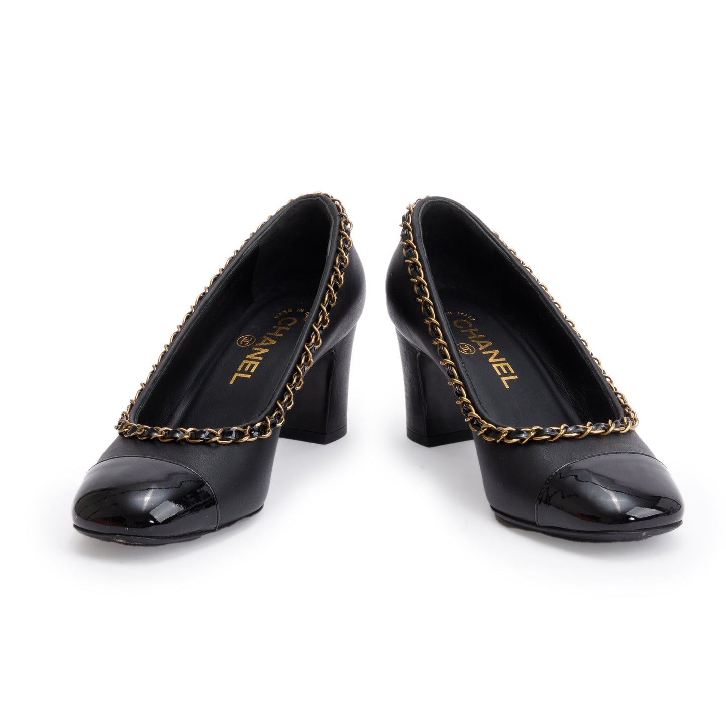 Chanel Black Leather Interlocking CC Logo Chain Around Pumps, Size 36.5