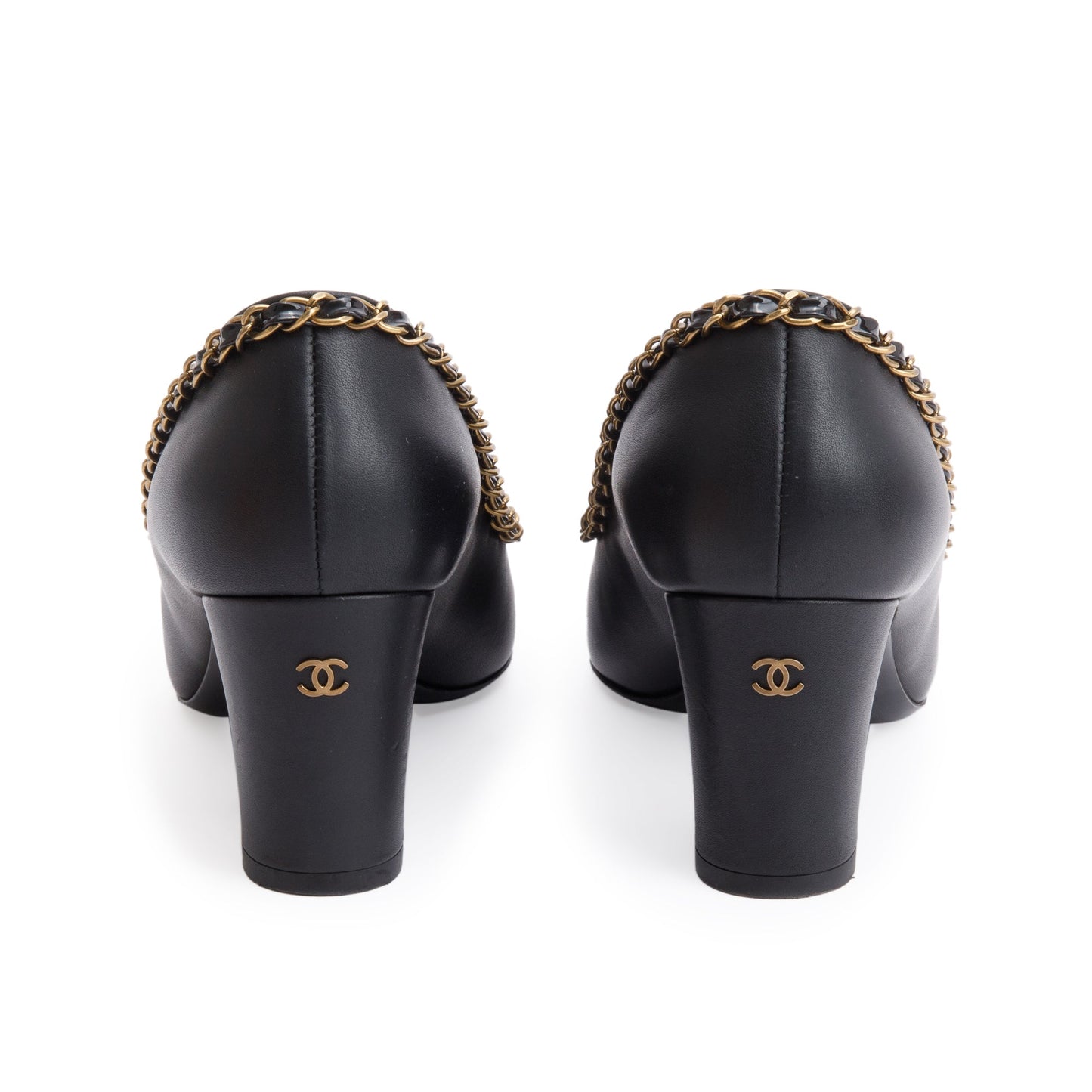 Chanel Black Leather Interlocking CC Logo Chain Around Pumps, Size 36.5