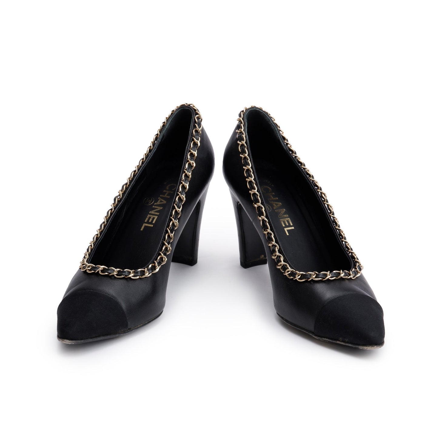 Chanel Black Leather Interlocking CC Logo Chain Around Pumps, Size 38.5