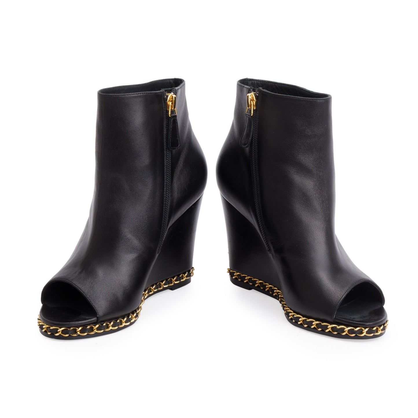 Chanel Black Leather Interlocking CC Logo Chain Open-Toe Wedge Ankle Boots, Size 36.5