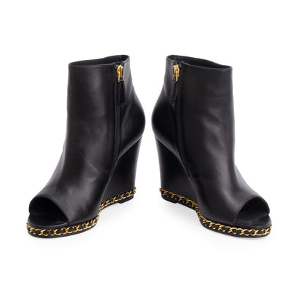Chanel Black Leather Interlocking CC Logo Chain Open-Toe Wedge Ankle Boots, Size 36.5