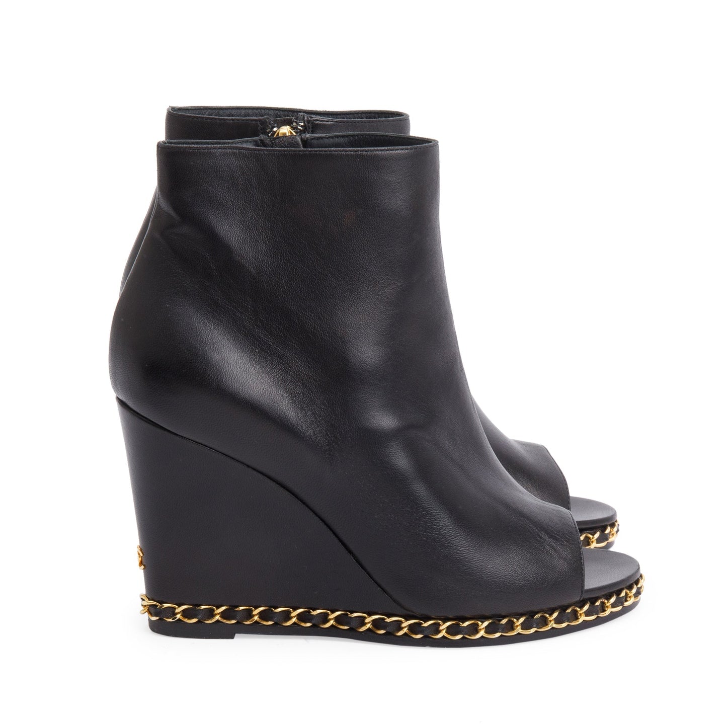 Chanel Black Leather Interlocking CC Logo Chain Open-Toe Wedge Ankle Boots, Size 36.5