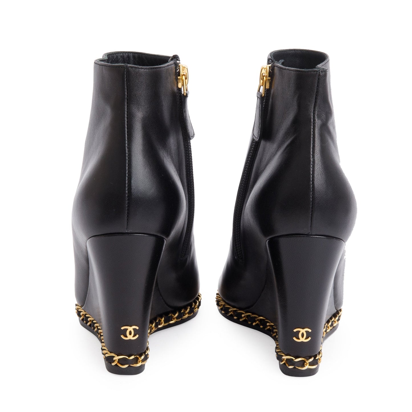 Chanel Black Leather Interlocking CC Logo Chain Open-Toe Wedge Ankle Boots, Size 36.5
