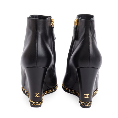 Chanel Black Leather Interlocking CC Logo Chain Open-Toe Wedge Ankle Boots, Size 36.5