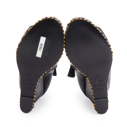 Chanel Black Leather Interlocking CC Logo Chain Open-Toe Wedge Ankle Boots, Size 36.5