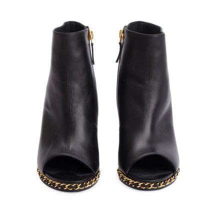 Chanel Black Leather Interlocking CC Logo Chain Open-Toe Wedge Ankle Boots, Size 36.5
