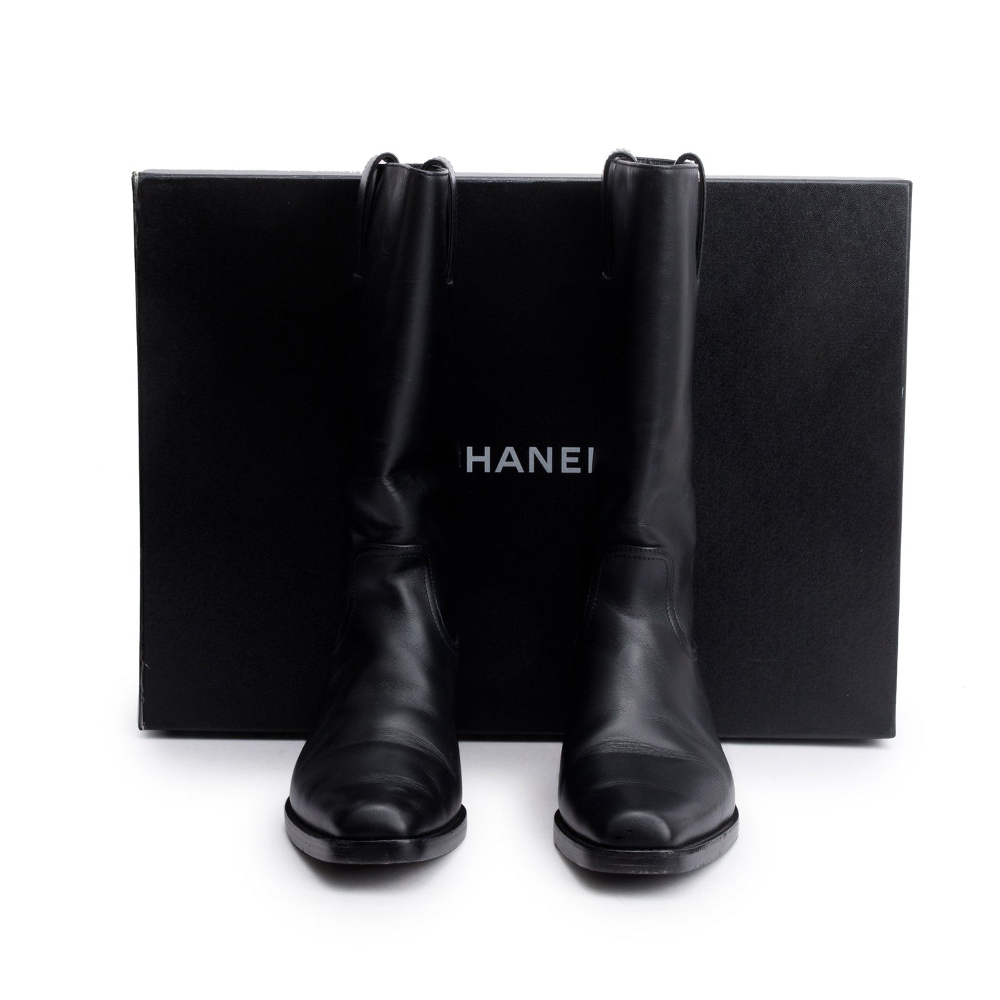 Chanel Black Leather Interlocking CC Logo Mid Calf Cowboy Boots, Size 38.5