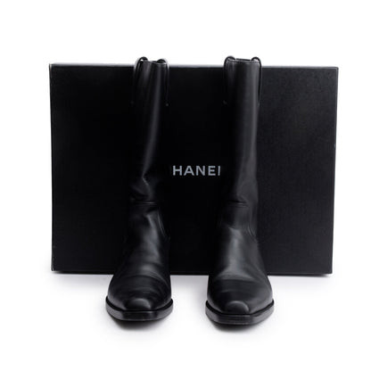 Chanel Black Leather Interlocking CC Logo Mid Calf Cowboy Boots, Size 38.5