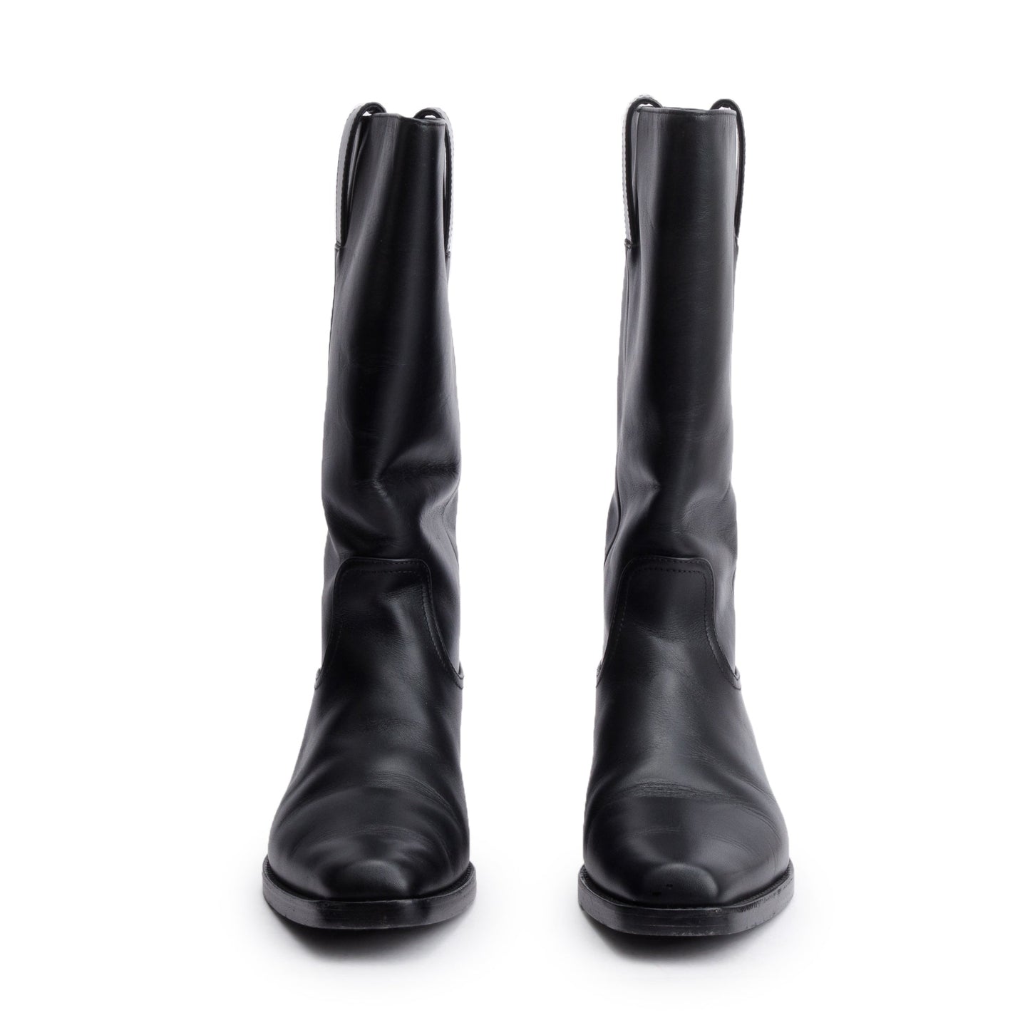 Chanel Black Leather Interlocking CC Logo Mid Calf Cowboy Boots, Size 38.5