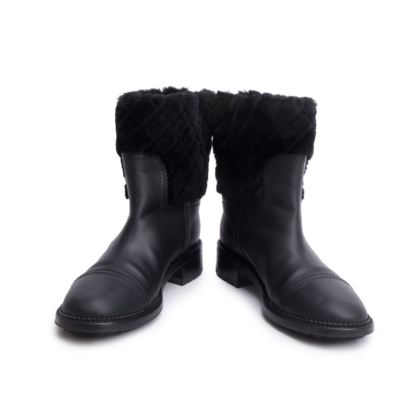 Chanel Black Leather Shearling Trim Interlocking CC Logo Short Boots, Size 40