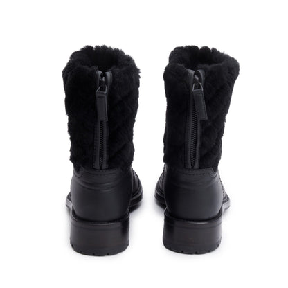 Chanel Black Leather Shearling Trim Interlocking CC Logo Short Boots, Size 40