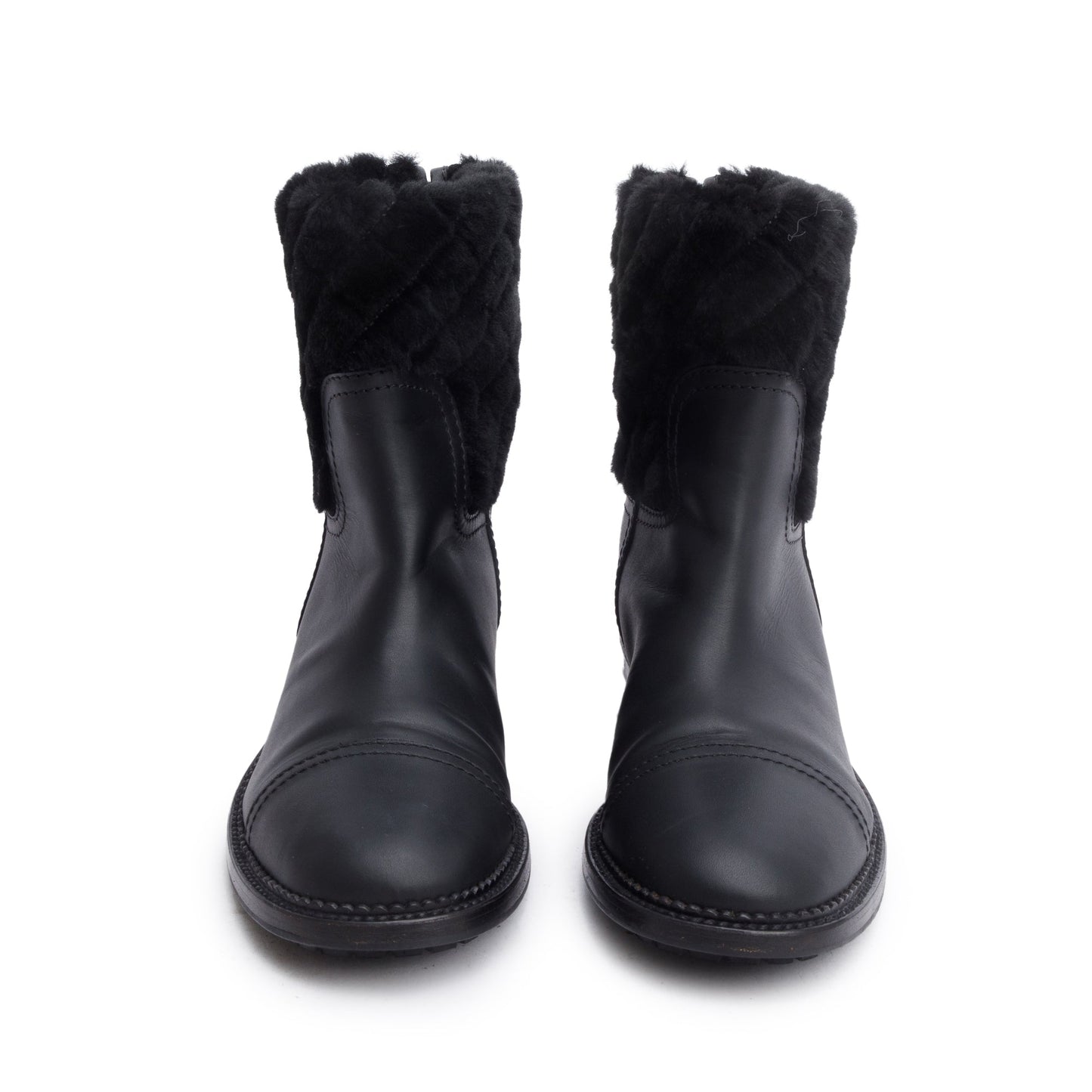 Chanel Black Leather Shearling Trim Interlocking CC Logo Short Boots, Size 40