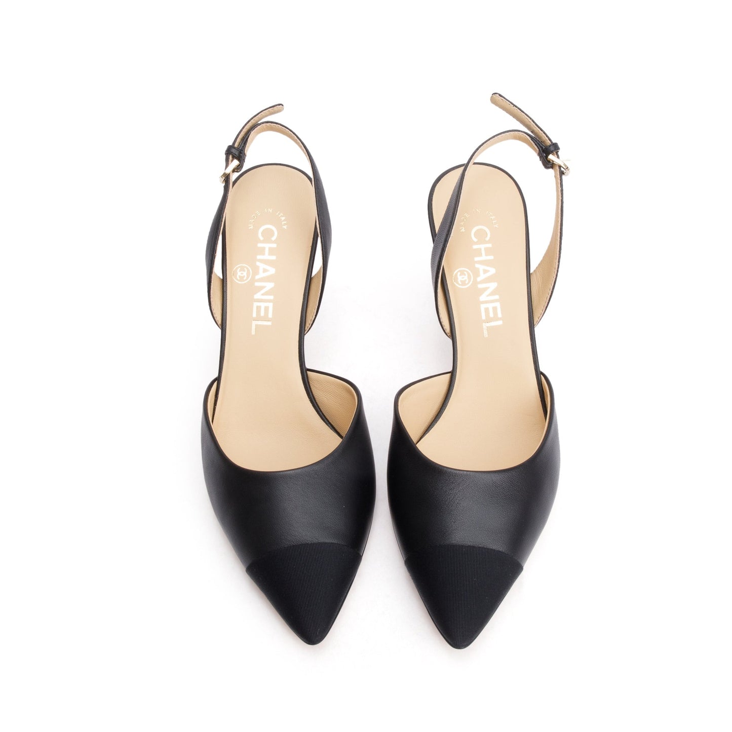 Chanel Black Leather/Grosgrain Cap Toe CC Slingback Sandals, Size 36.5