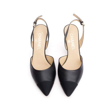 Chanel Black Leather/Grosgrain Cap Toe CC Slingback Sandals, Size 36.5
