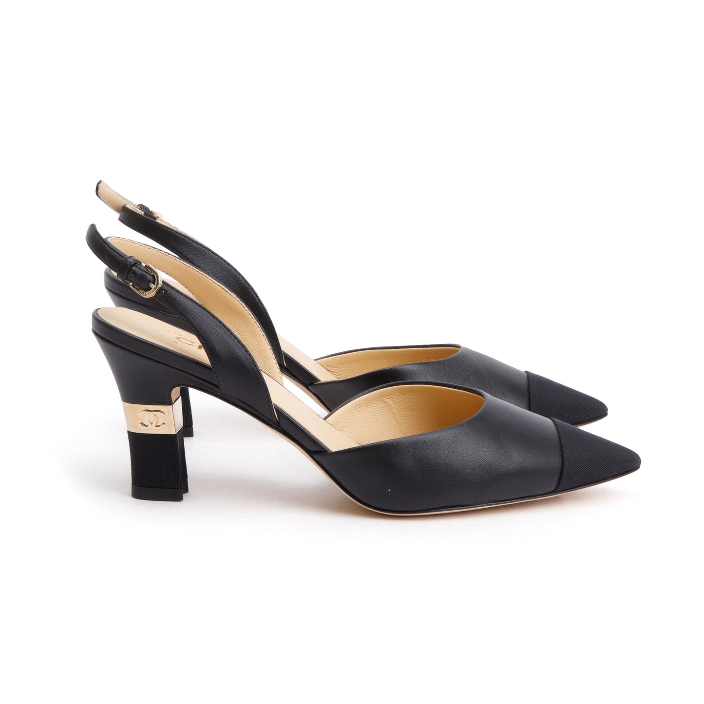 Chanel Black Leather/Grosgrain Cap Toe CC Slingback Sandals, Size 36.5
