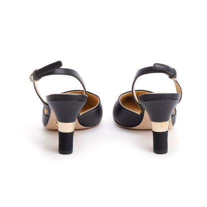 Chanel Black Leather/Grosgrain Cap Toe CC Slingback Sandals, Size 36.5