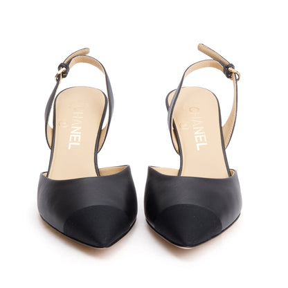 Chanel Black Leather/Grosgrain Cap Toe CC Slingback Sandals, Size 36.5