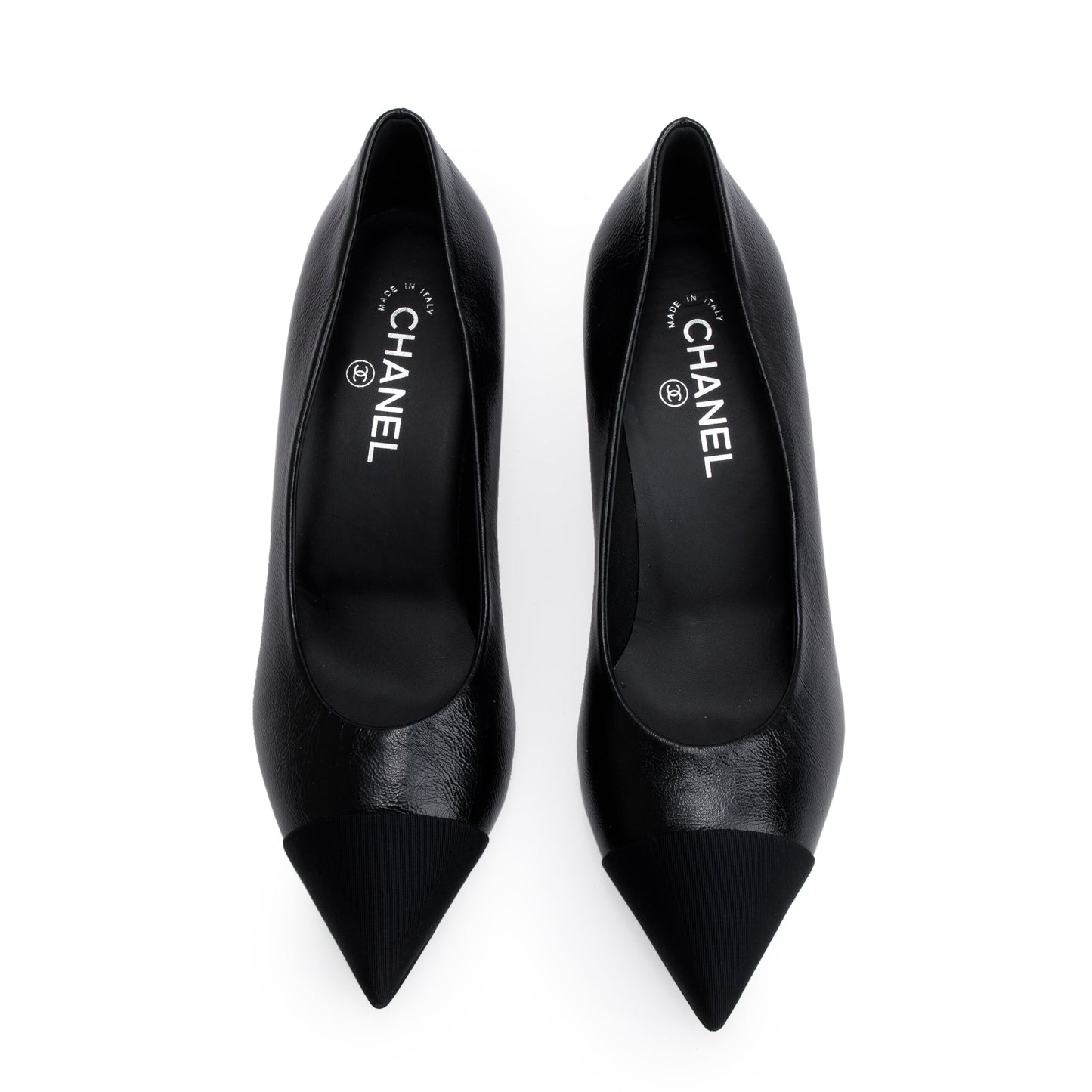 Chanel Black Leather/Grosgrain Faux Pearl Interlocking CC Pumps, Size 40