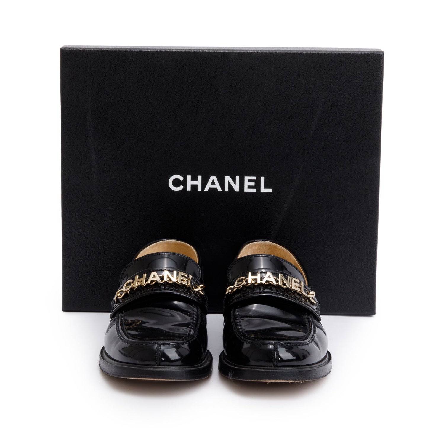 Chanel Black Patent Leather Chain Logo Loafer, Size 38.5