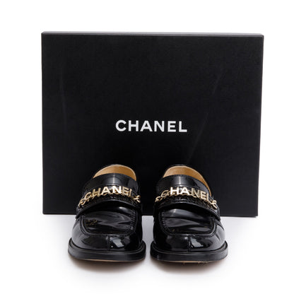 Chanel Black Patent Leather Chain Logo Loafer, Size 38.5