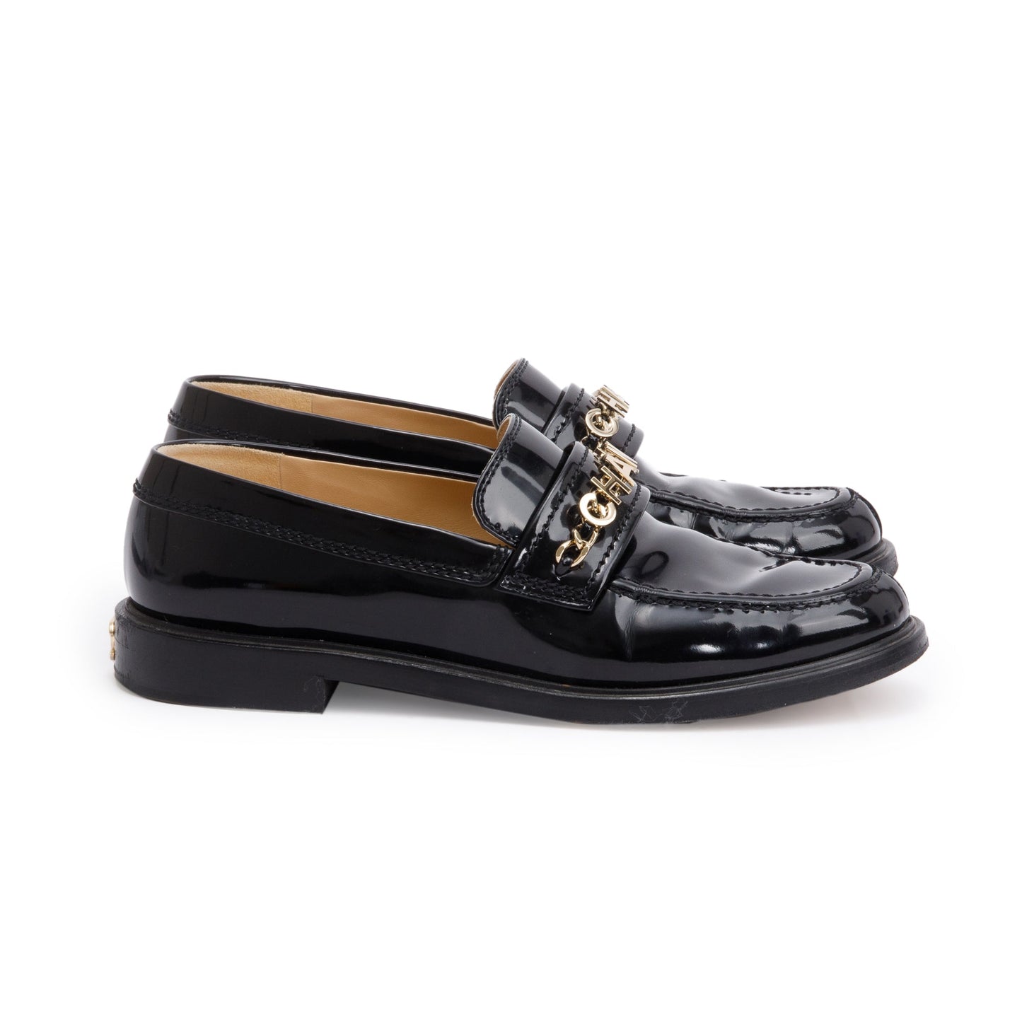 Chanel Black Patent Leather Chain Logo Loafer, Size 38.5