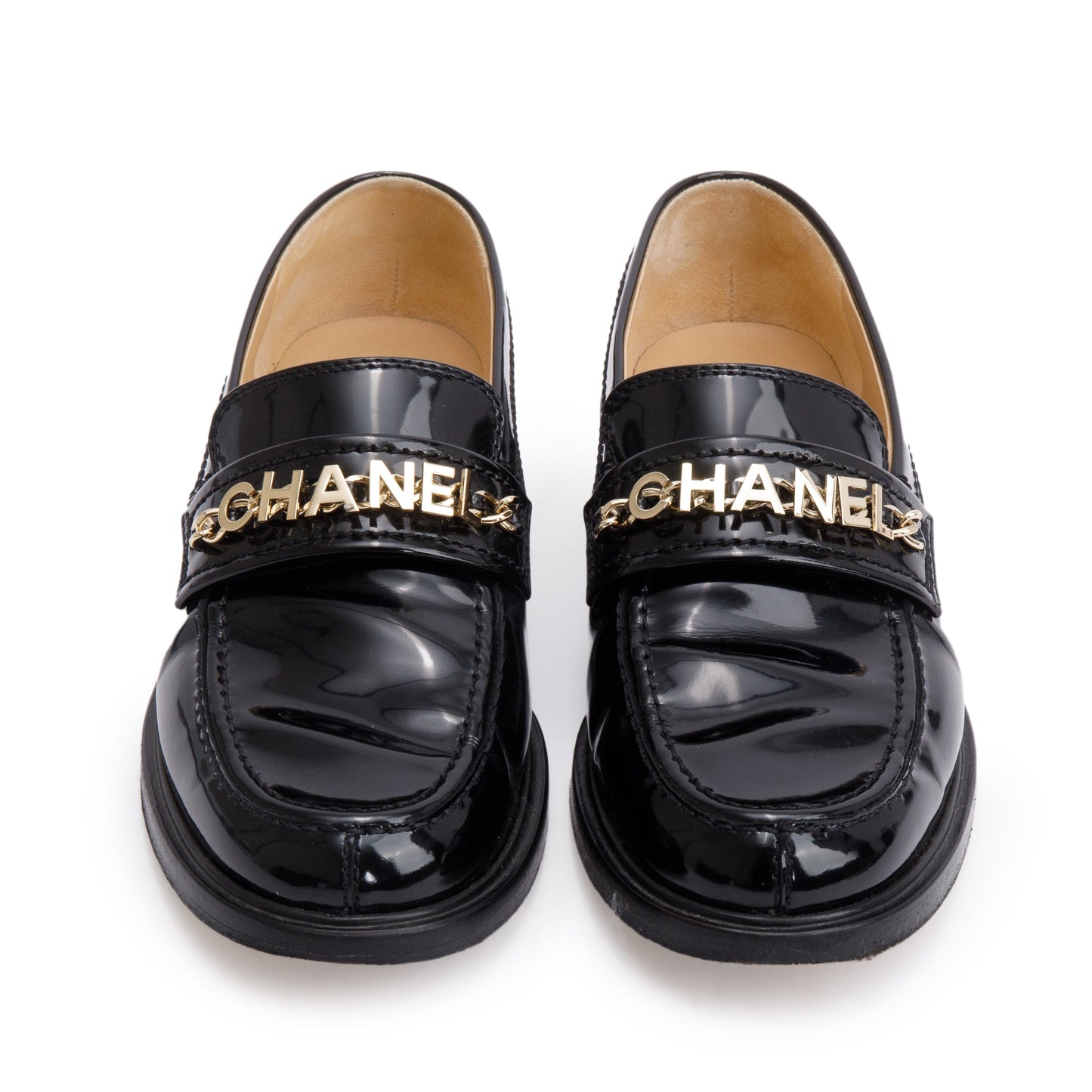 Chanel Black Patent Leather Chain Logo Loafer, Size 38.5
