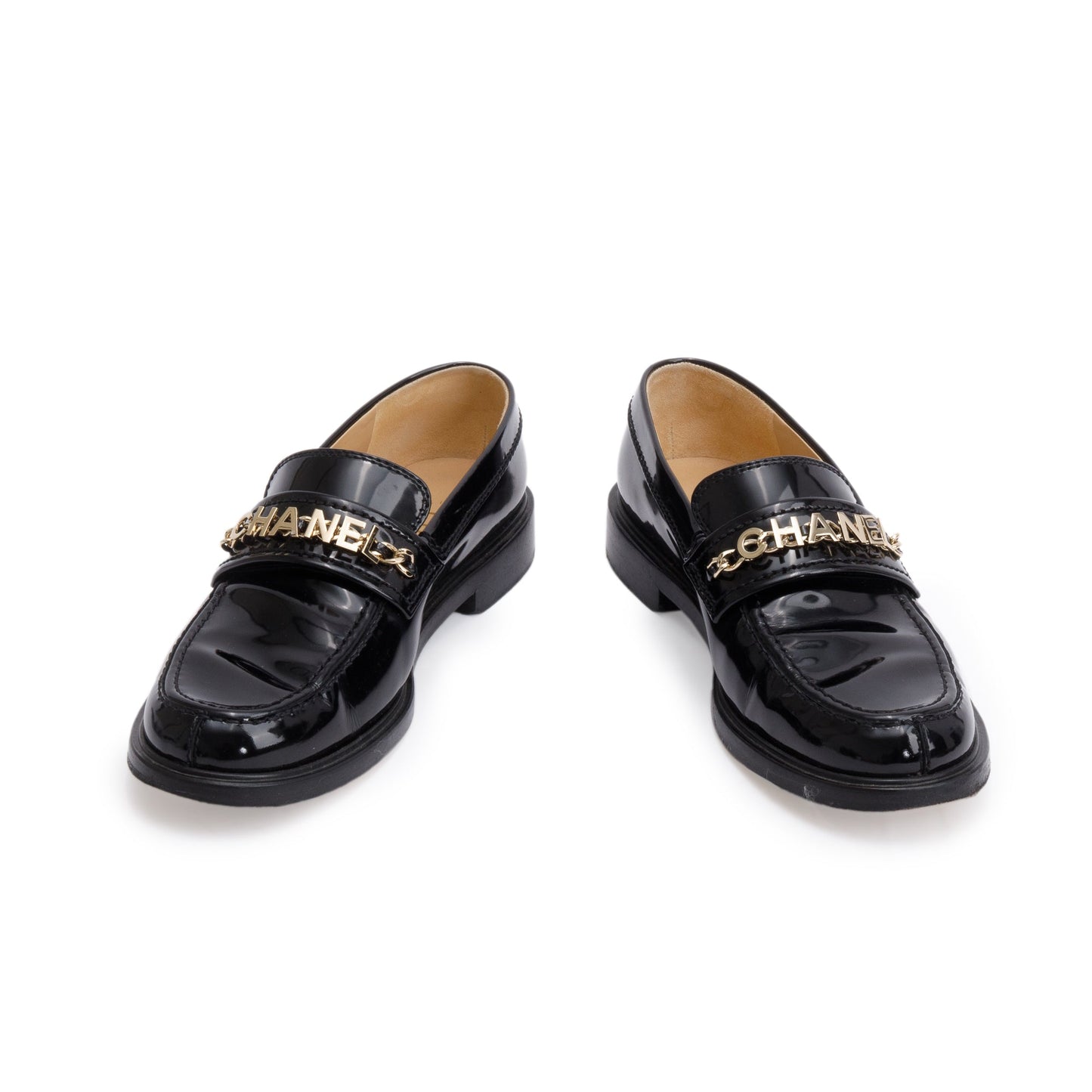 Chanel Black Patent Leather Chain Logo Loafer, Size 38.5