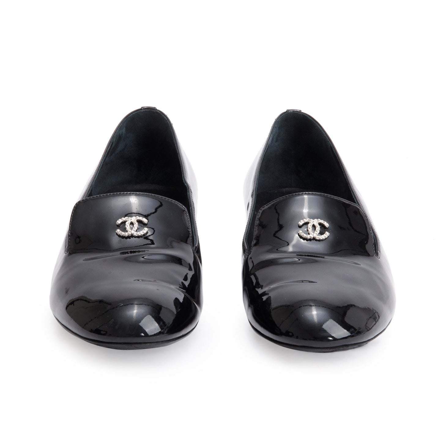 Chanel Black Patent Leather Faux Pearl CC Logo Loafer, Size 40