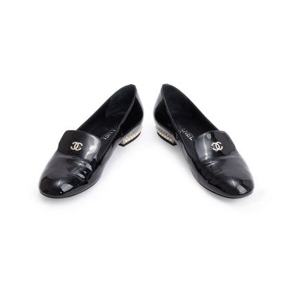 Chanel Black Patent Leather Faux Pearl CC Logo Loafer, Size 40
