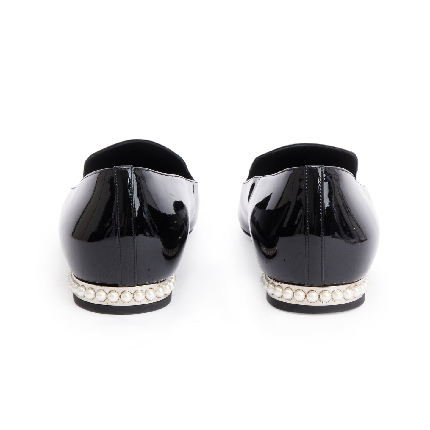 Chanel Black Patent Leather Faux Pearl CC Logo Loafer, Size 40