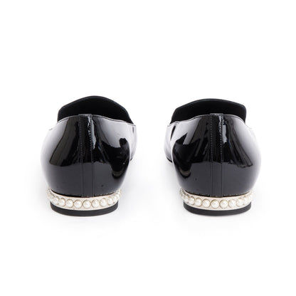 Chanel Black Patent Leather Faux Pearl CC Logo Loafer, Size 40