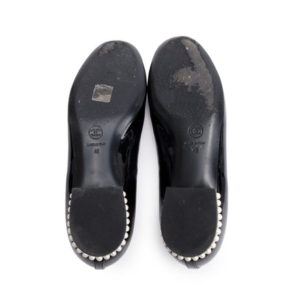 Chanel Black Patent Leather Faux Pearl CC Logo Loafer, Size 40