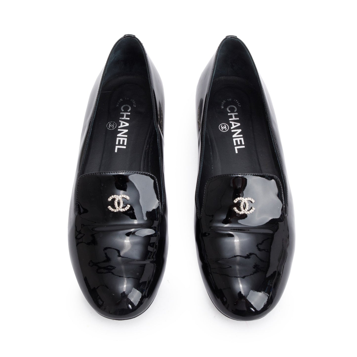 Chanel Black Patent Leather Faux Pearl CC Logo Loafer, Size 40