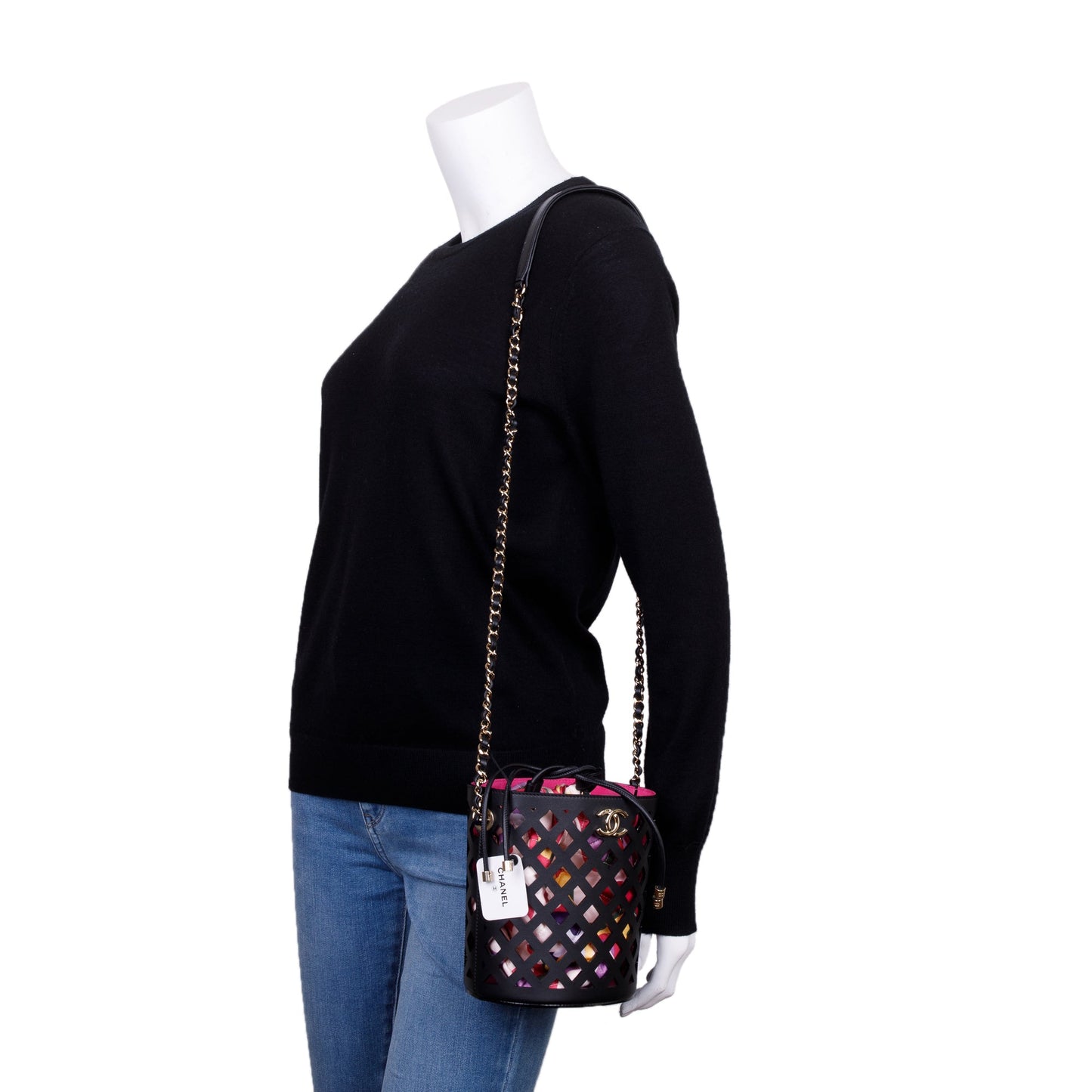 Chanel Black Perforated Calfskin See Through Bucket Bag
