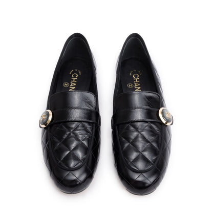 Chanel Black Quilted Calfskin Leather CC Logo Loafer, Size 40