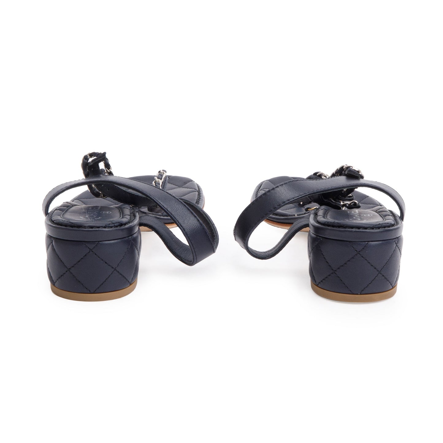 Chanel Black Quilted Calfskin Leather Chain CC T-Strap Sandals, Size 40