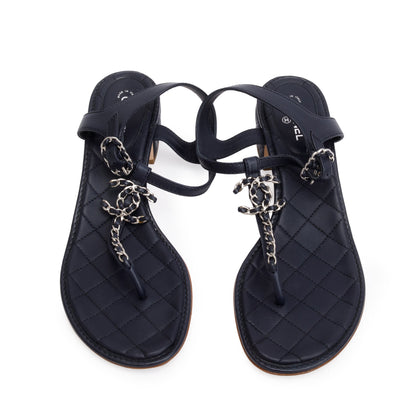 Chanel Black Quilted Calfskin Leather Chain CC T-Strap Sandals, Size 40