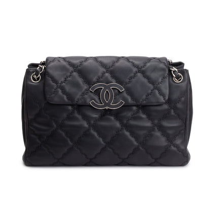 Chanel Black Quilted Calfskin Leather Large Double Stitch Hamptons Flap Bag