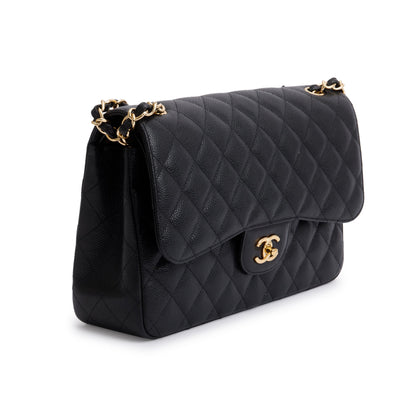 Chanel Black Quilted Caviar Leather Classic Jumbo Double Flap Bag
