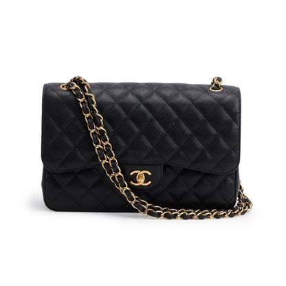 Chanel Black Quilted Caviar Leather Classic Jumbo Double Flap Bag