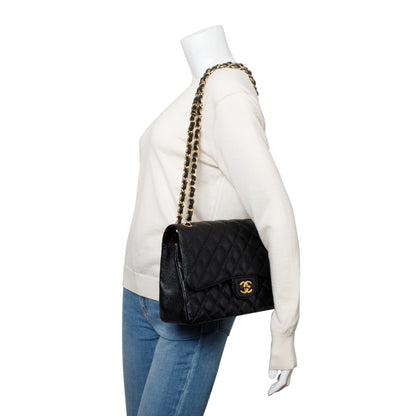 Chanel Black Quilted Caviar Leather Classic Jumbo Double Flap Bag