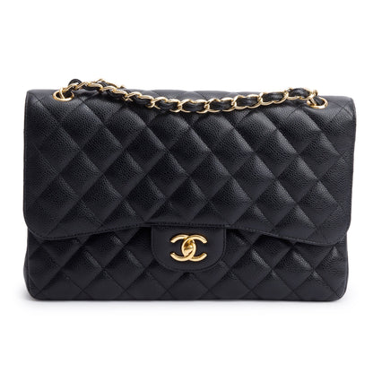Chanel Black Quilted Caviar Leather Classic Jumbo Double Flap Bag