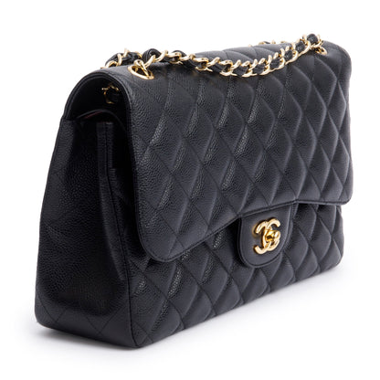 Chanel Black Quilted Caviar Leather Classic Jumbo Double Flap Bag