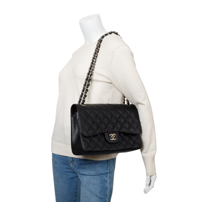 Chanel Black Quilted Caviar Leather Classic Jumbo Double Flap Bag