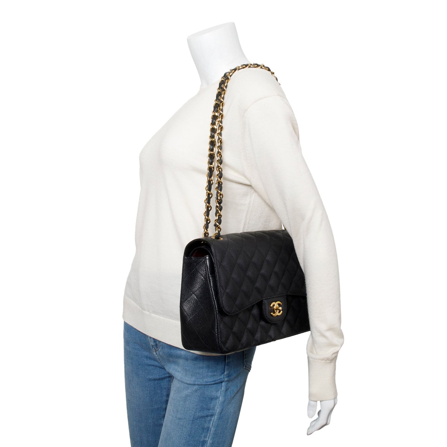 Chanel Black Quilted Caviar Leather Classic Jumbo Double Flap Bag